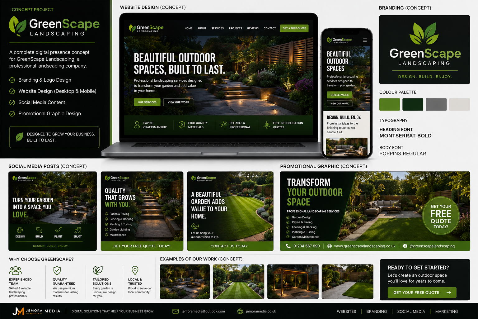 GreenScape Landscaping concept project showing branding, website, social media and promotional design