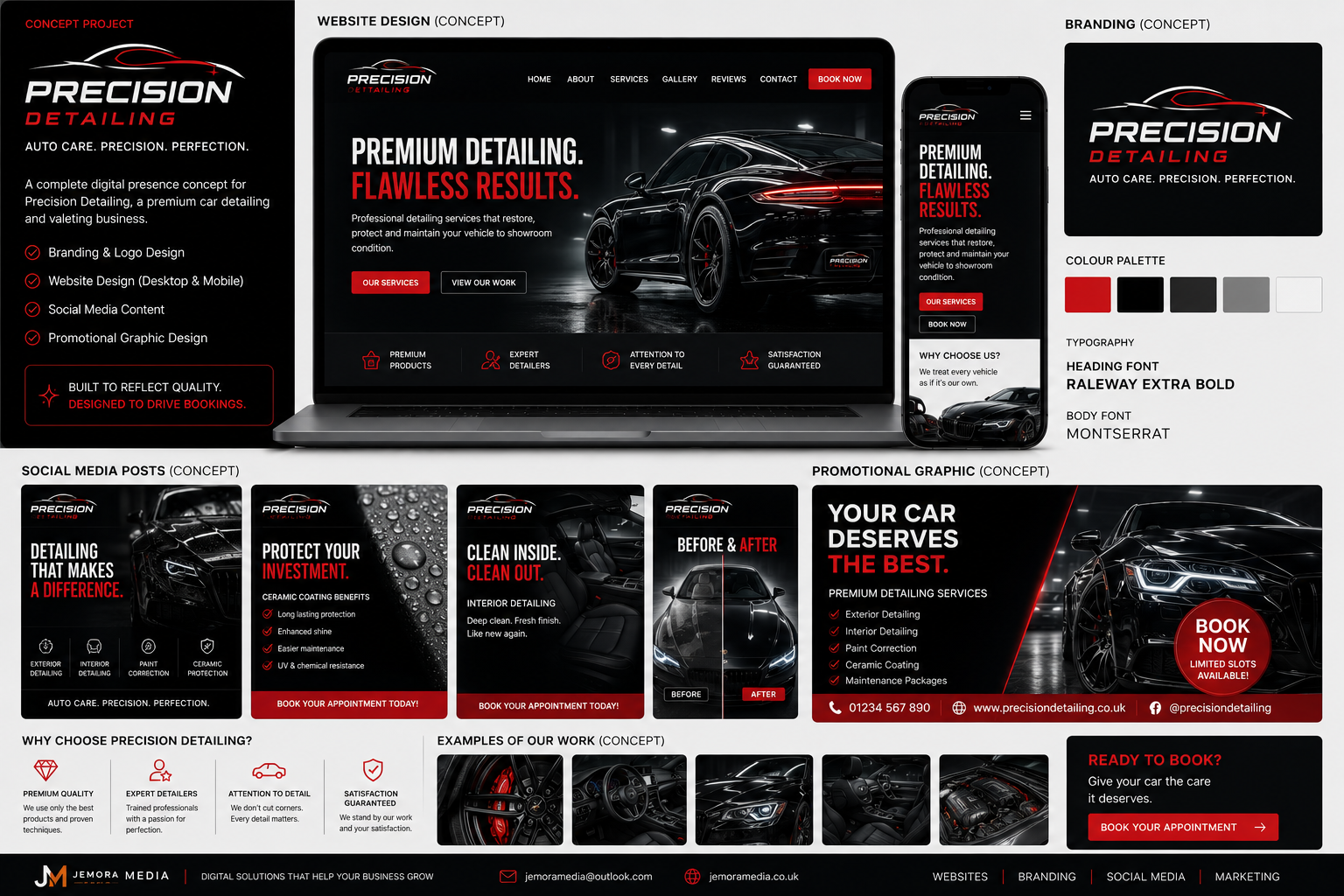 Precision Detailing concept project showing automotive branding, website, social media and promotional design