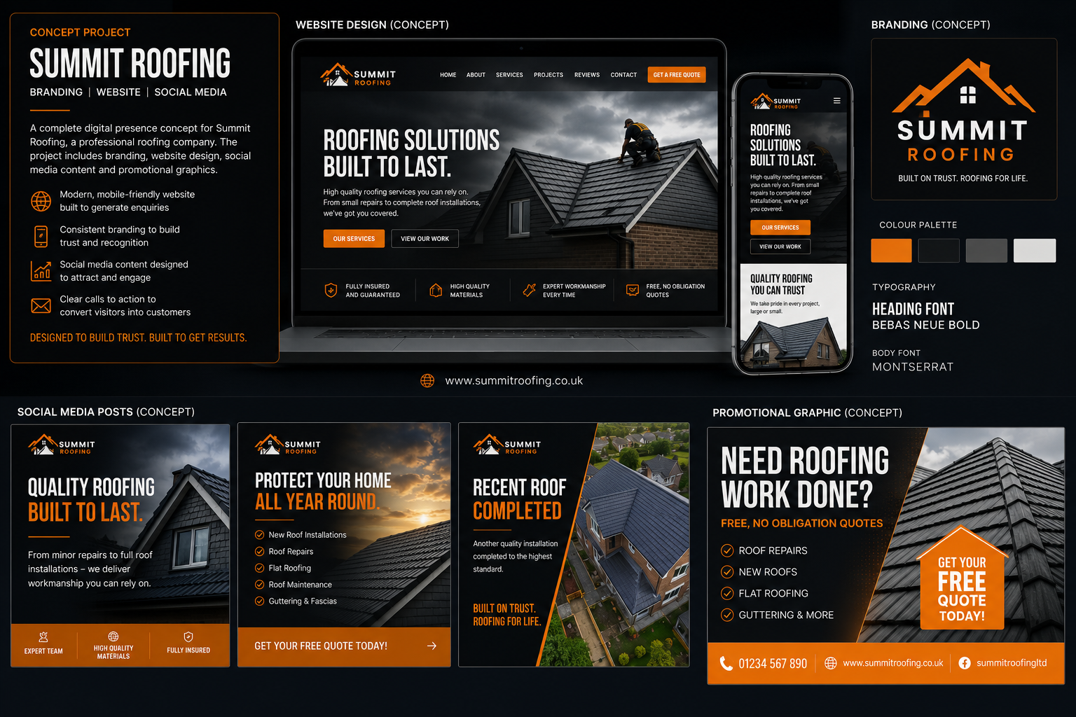 Summit Roofing concept project showing website, branding, social media and promotional design